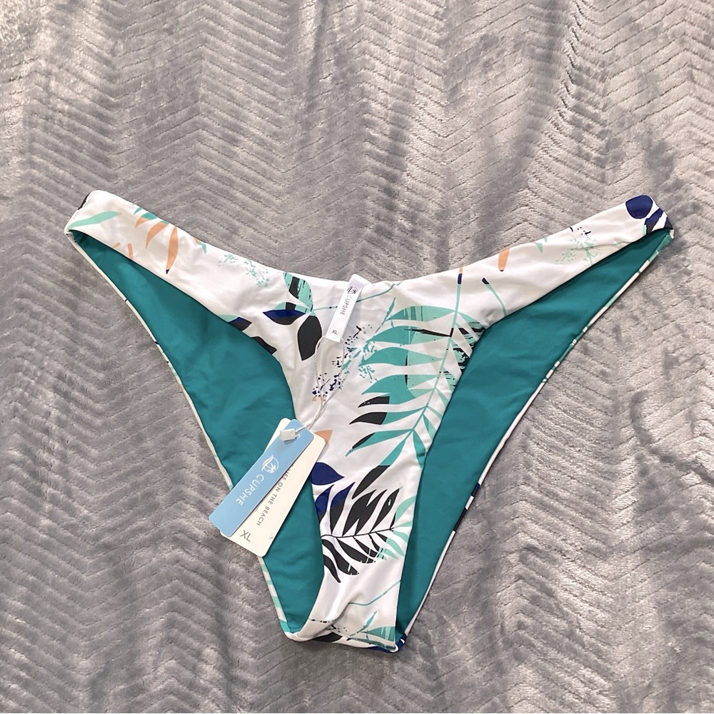 NWT Cupshe Reversible Leafy Teal Cheeky High Cut Bikini Swim Bottom XL